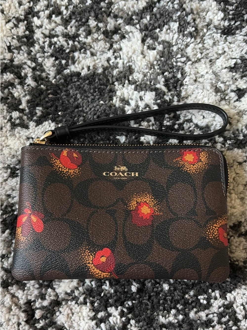 Coach Brown Signature Floral Zip Wristlet with Red and Orange Accents